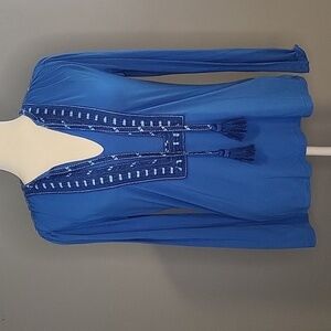Kobi Halperin Blue Sherilyn Embroidered Long Sleeve Tassel Boho Top - Size XS